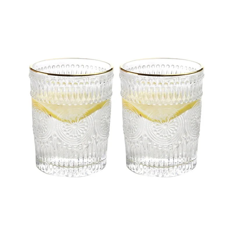 300ml Creative Design Round Shape Glass Tumbler with Gold Rim Big Capacity Engraved Glass Wine Juice Cup for Home Wedding Bar