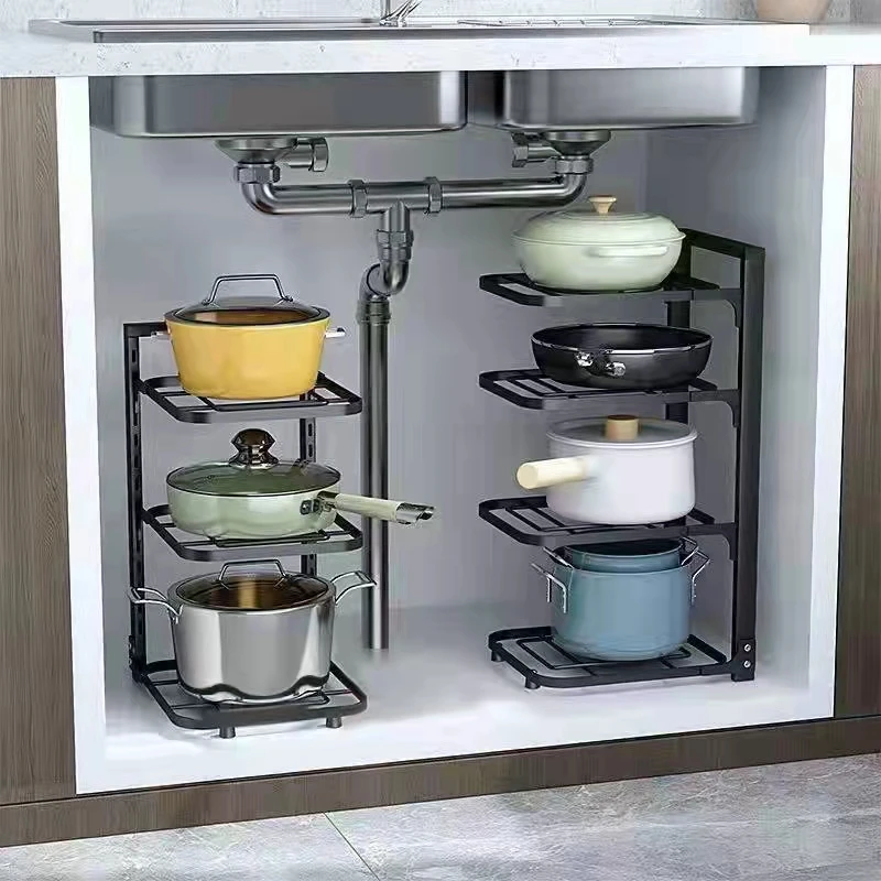 Heavy Duty Pan Rack Kitchen Cabinet Pantry Cookware Organizer Rack Holder 4 Adjustable Dividers