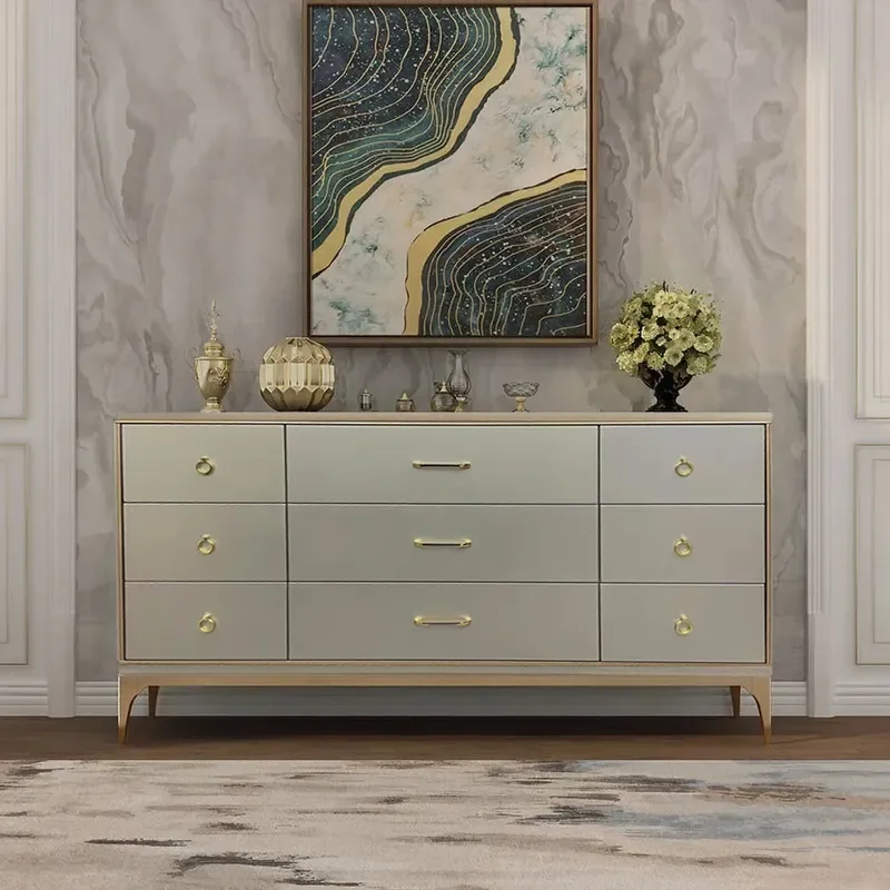 Contemporary 9-Drawer Champagne Living room Bedroom Dresser for Storage in Gold