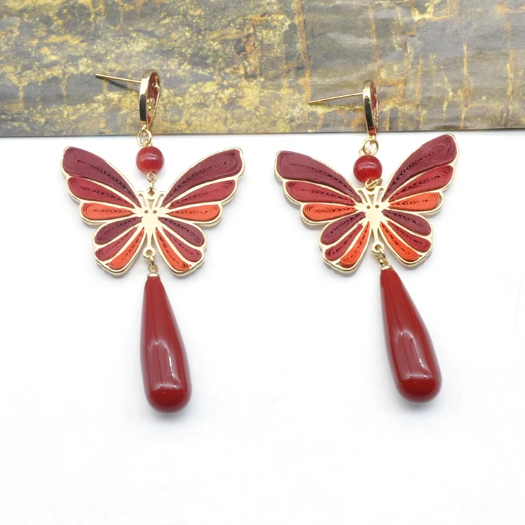 Newest Design red folding paper dangle ear jewelry luxury gold butterfly stud earrings