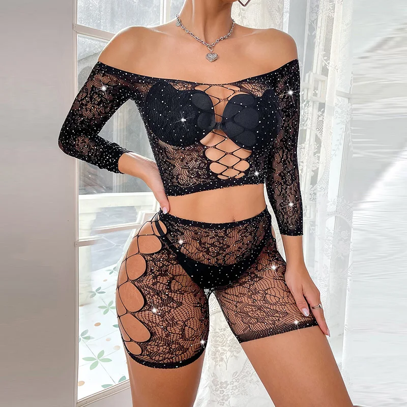 Chic Sexy Mesh Hollow Bodystocking Two Piece Off Shoulder Long Sleeve