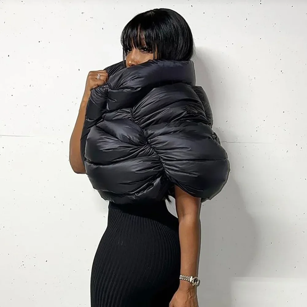 QWTP16 Winter Black Bubble Coats Womens Fashion Zipper Scarf Collar Puffer Short Jackets High Street Outwear Casual Par