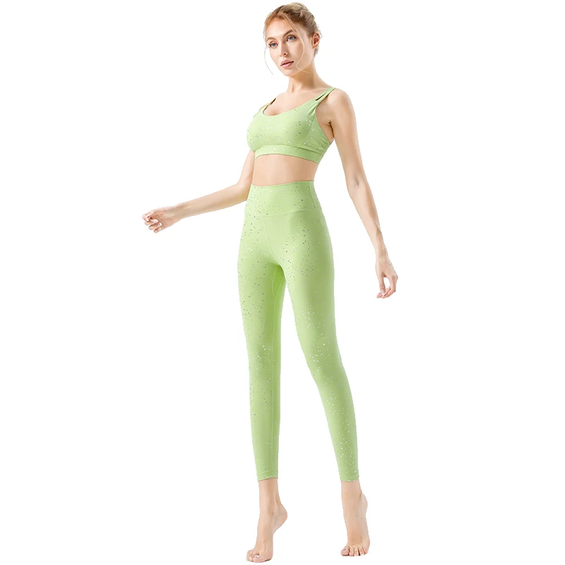 High Quality Glitter Design Sexy Slim Back Three Rows Three Buttons Spandex Yoga Set Female Gym Fitness Set