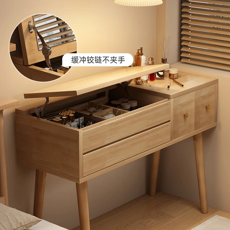 Large Solid Wood Mirror Makeup Vanity Desk with Flip Top, Cushioned Stool and 3 Drawers for Bedroom Furniture Girls Women Gifts