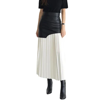 TWOTWINSTYLE High Waist Irregular Leather Patchwork Solid Bodycon Pleated Midi Skirt