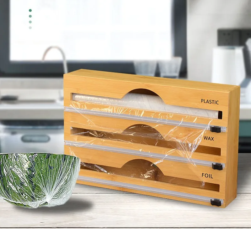 Wholesale cutting integrated plastic wrap cutter Wood bamboo multi-compartment detachable tinfoil drawer storage sorting box