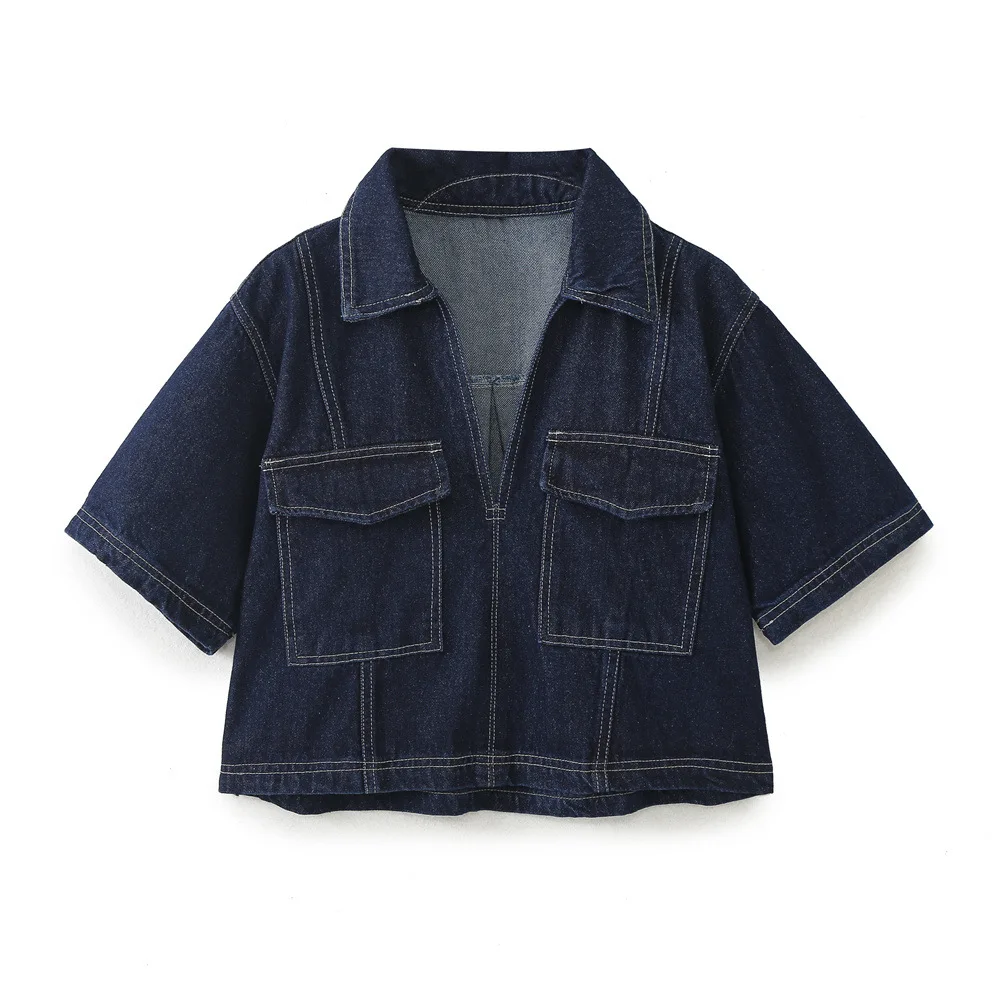 2024 Spring New Women's Turn Down Collar Denim Blue Color Casual Fashion Denim Short Shirt Jacket factory