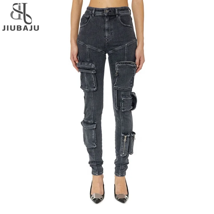 New 2023 Designer Multi Pockets Skinny Denim Pencil Pants Women High Waist Slim Fit Stretchy Cargo Jeans