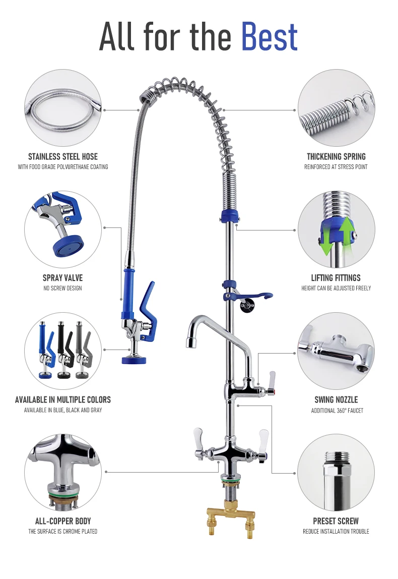 High Quality Commercial Kitchen Faucet Sprayer European 1403Gram Brass 304 Stainless Steel Wall Mounted Pre Rinse Flexibility details