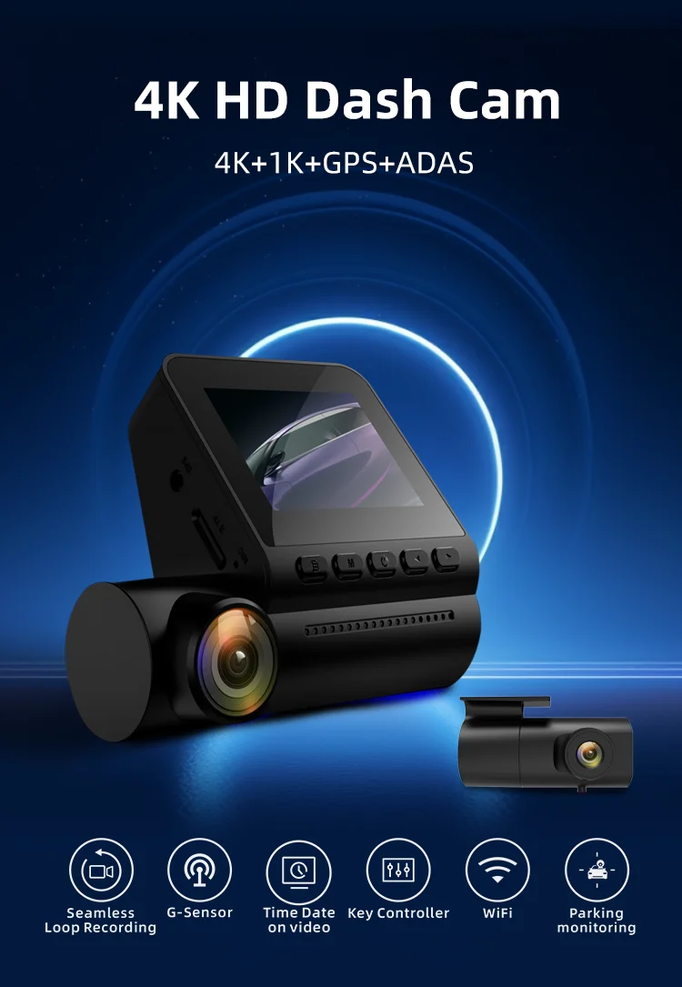 Dash Cam 2 Channel 2160P ADAS 2.0 Inches IPS LCD Dual Lens Dash Cam 4k+1080P Black Box F1.8 with WIFI App Control for Agent factory