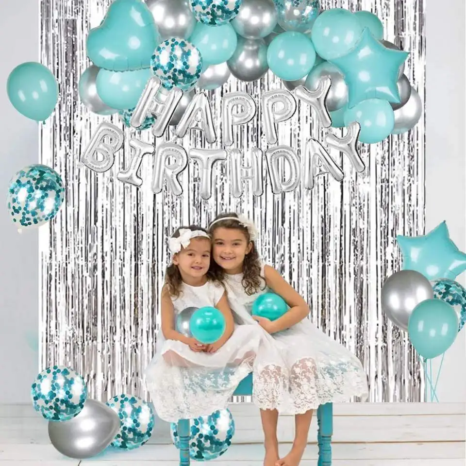 Silver Mint Green Balloon Foil Fringe Kids Birthday Theme Decoration Supplies