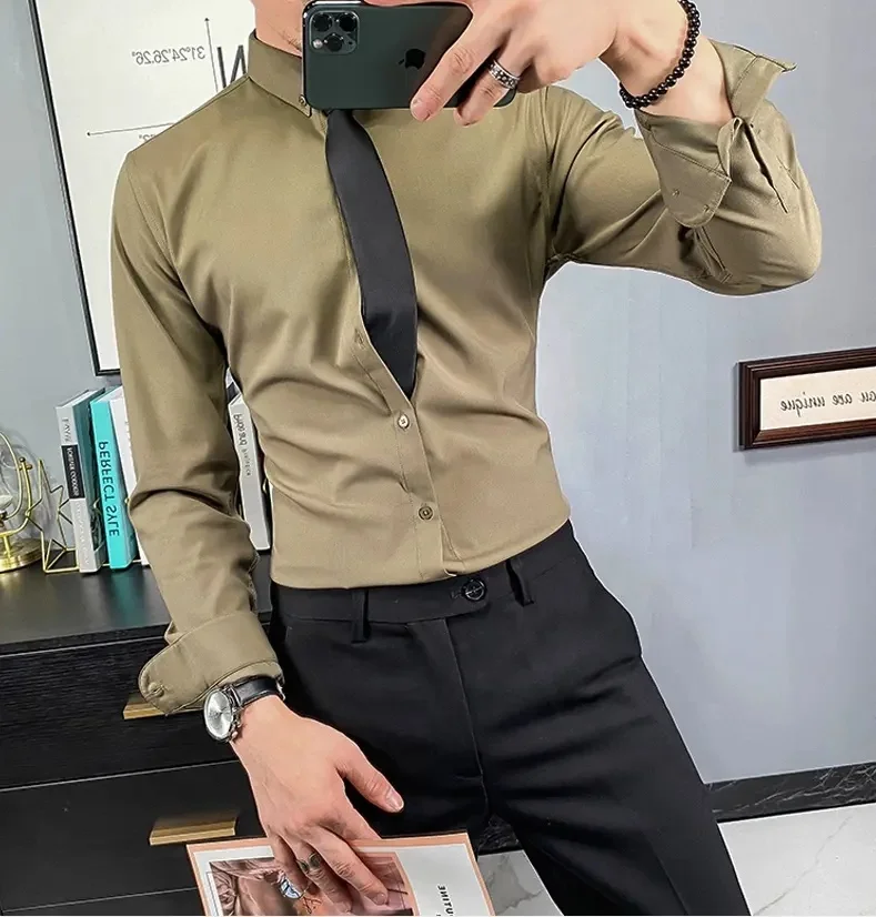 men's long-sleeved shirt high-grade business casual hot male Youth solid color shirts wholesale cardigan blouse top