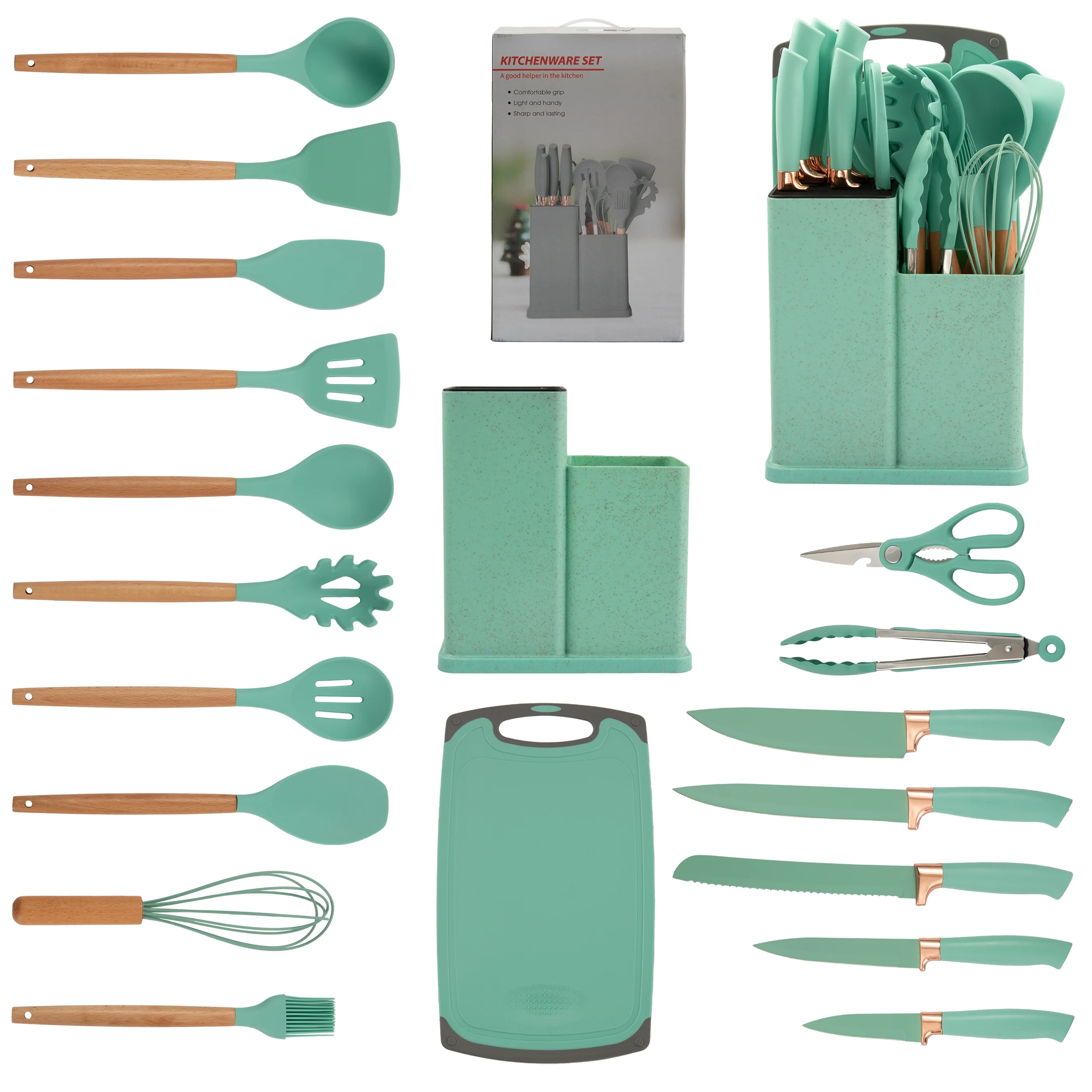 Dinnerware Sets 19 Piece Silicone Kitchen Utensil Set With Wooden Handle And Cuttings Board Storage Bucket Kitchen Gadget Set