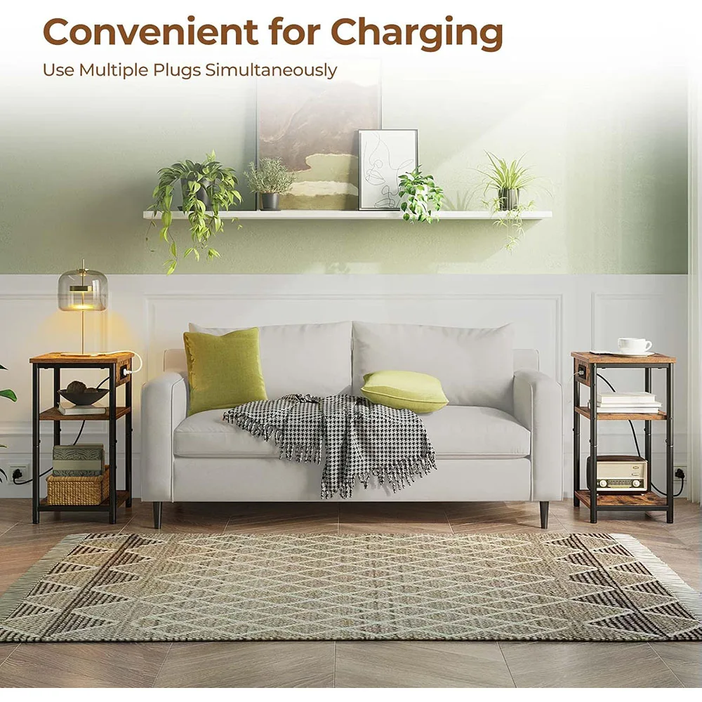 Modern Wood End Table with Charging Station Nightstand with 2 Storage Shelves Narrow Side Table with USB Ports and Power Outlets factory