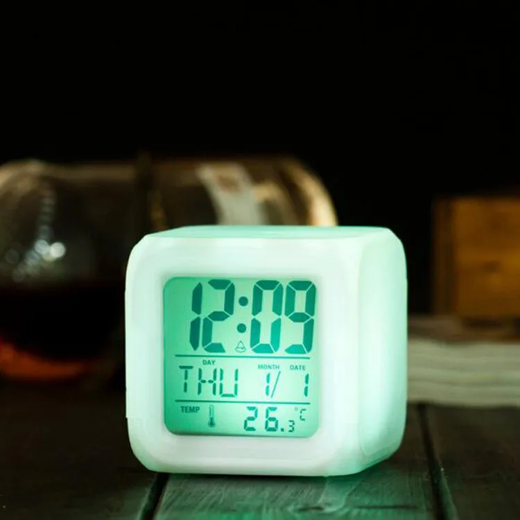 LED Digital 7 colors Change Alarm Clock Time Snooze Light Calendar Thermometer 