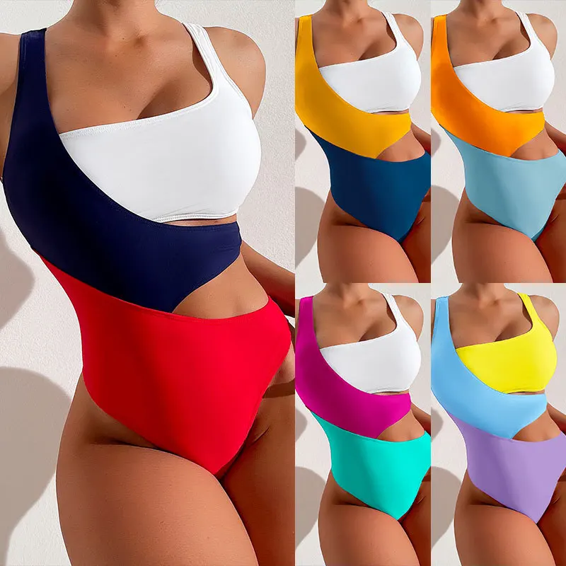 2023 sexy color clashing one-piece swimsuit women ins style conservative bikini spa swimwear
