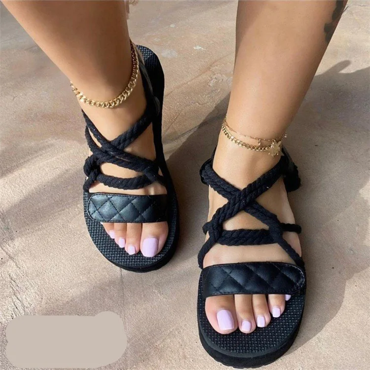 2024 summer sandals women solid color large size thick bottom hemp rope flat sandals