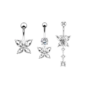 3Pcs/set Butterfly Belly Button Ring Dangle Navel Belly Sparkly CZ Heart Navel Belly Rings for Women 14G Gift Piercing Jewelry