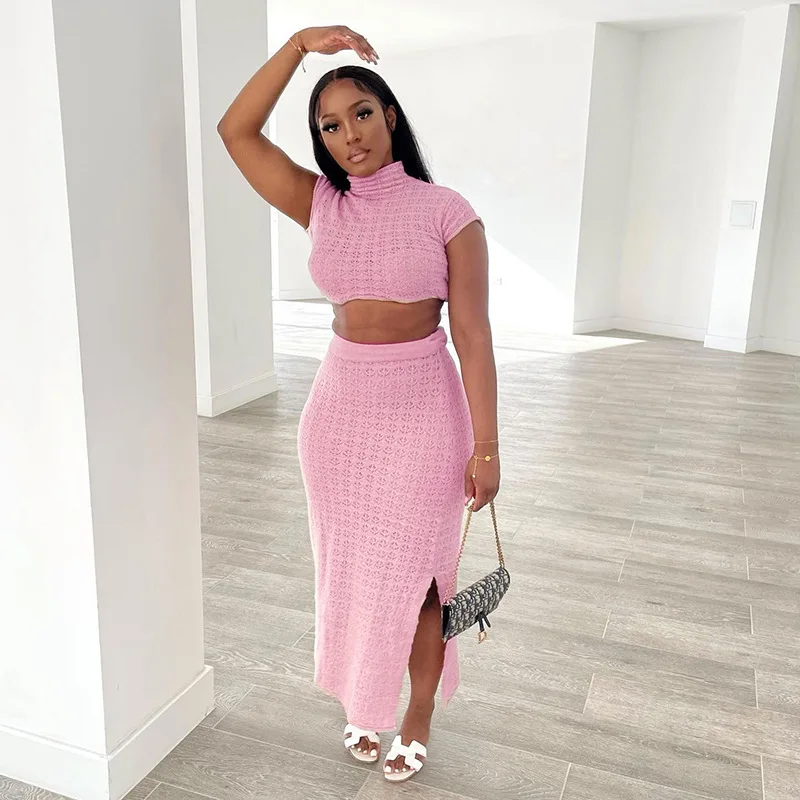 Knitted high waist backless slit knitwear 2 piece set mesh pink skirt and top for ladies summer sweater short mini womens skirts