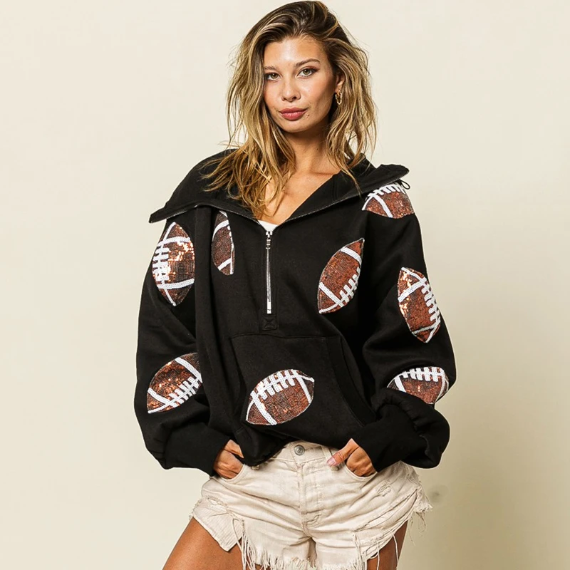 Custom Woman Sequined Pullover Long Sleeve Pocket Zip Sequin Football Hoodie For Women