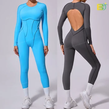 2025 new arrival Sports Bodysuit longSleeve Pants Back Workout Jumpsuits One Piece Gym Fitness Yoga Jumpsuit For Women