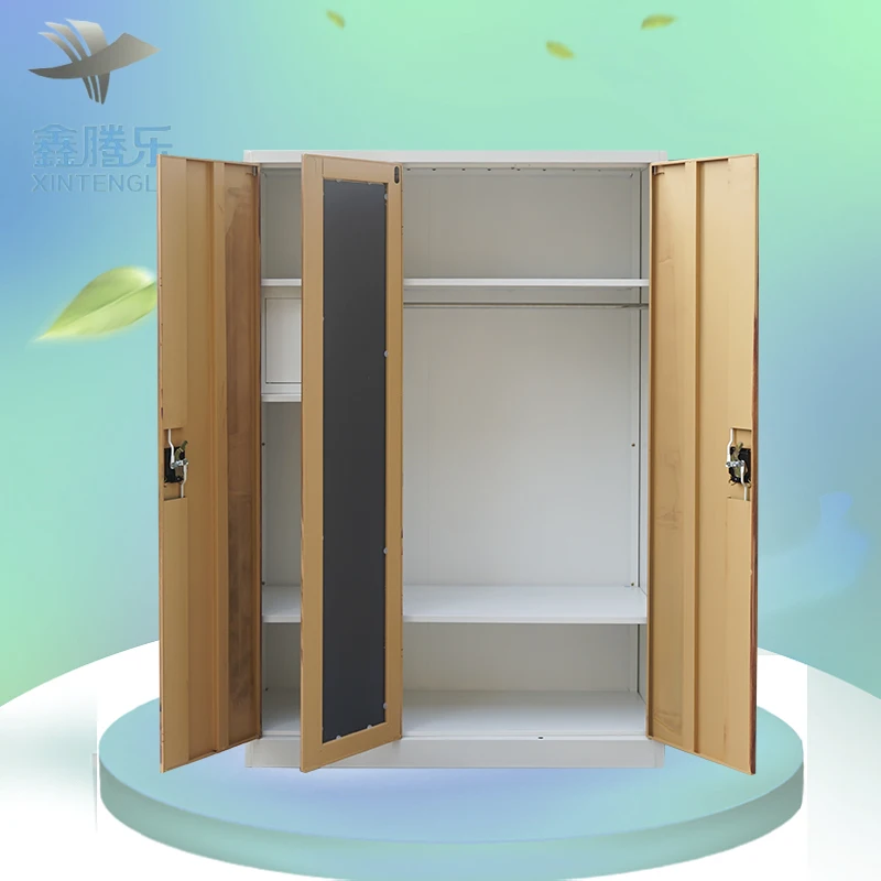 Modern 3-Door Metal Wardrobe Godrej Steel Almirah Closet Cheap Iron Armario De Metal Bedroom Furniture Almari Baju Dewasa