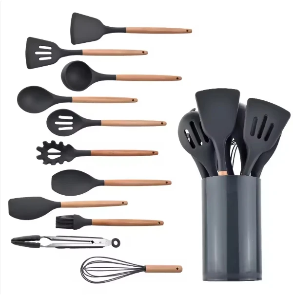 Hot sale 11 Pcs +Barrel Food grade silicone kitchen accessories tool heat resistance baking cookware wooden cooking utensils set