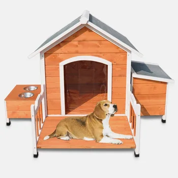 Wooden Dog Backyard Kennel Dog Crate Heavy Duty Weather-proof Pet Dog House Kennel with Feeding Table