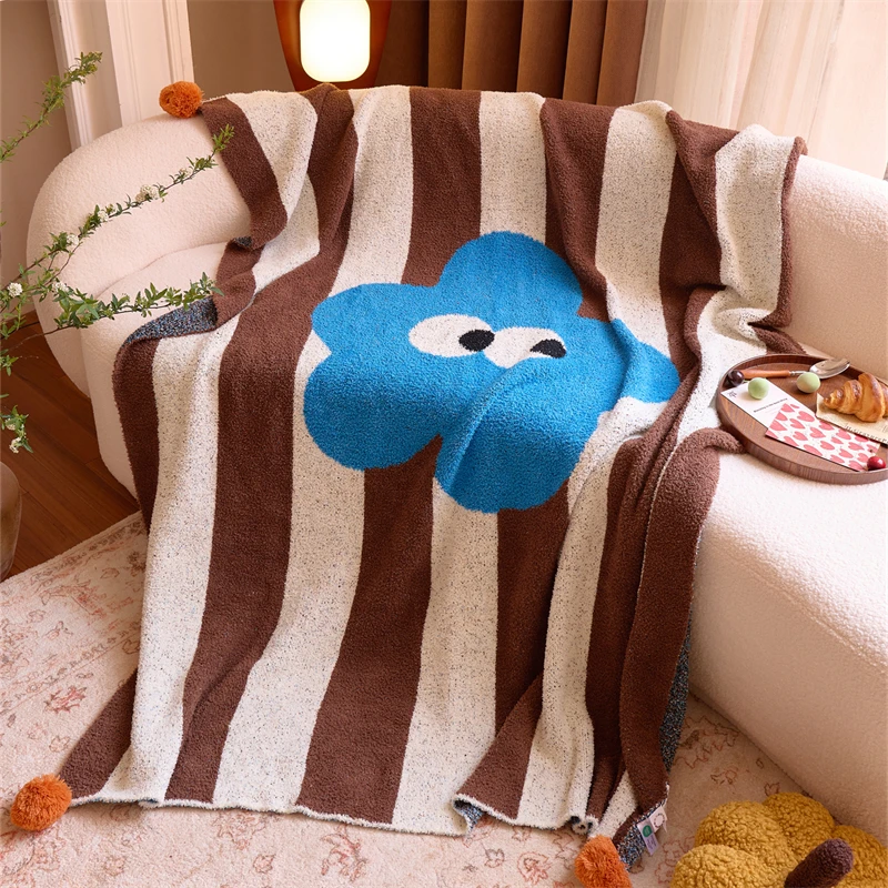 product new arrival polyester  cartoon blue flower vertical stripe jacquard knitted throw blanket  for office  home decoration ld-59