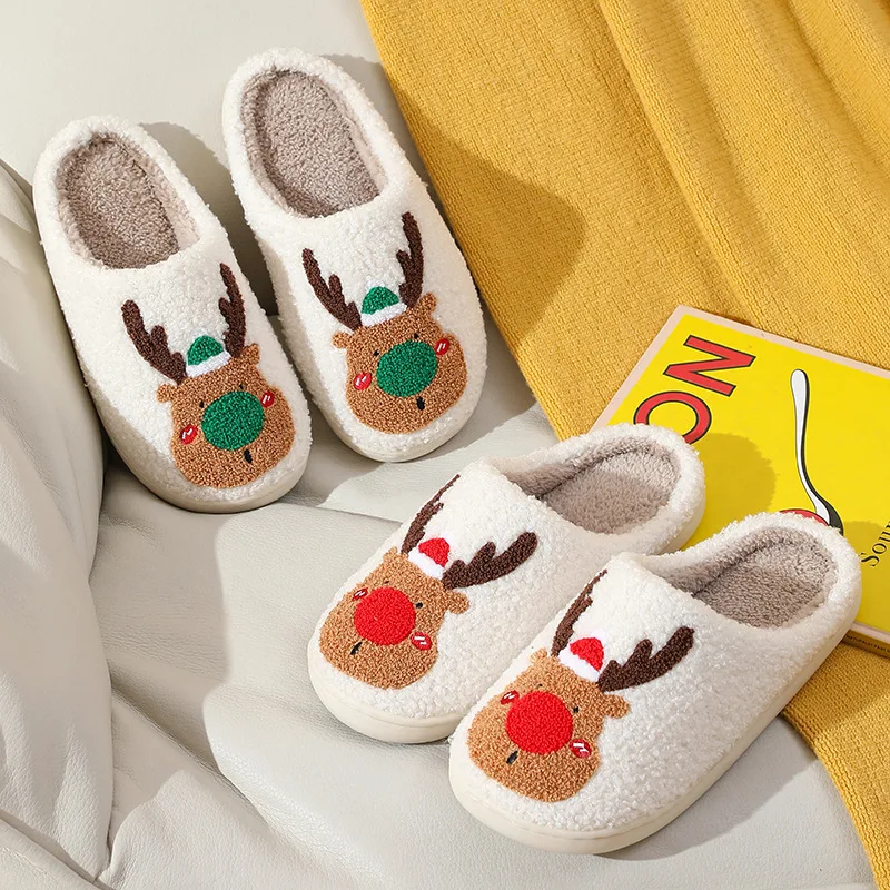 Popular Christmas Elk Cotton Slippers for Women in Autumn and Winter Home Fur for Couples to Keep Warm at Home