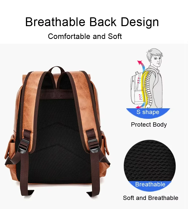 Multi Pockets Waterproof PU Leather Backpack Vintage Campus Bag S-shape Back Design Softback