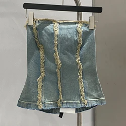 TWOTWINSTYLE Do Old Denim Strapless Sleeveless Slim Sexy Crop Tank Tops For Women 2023