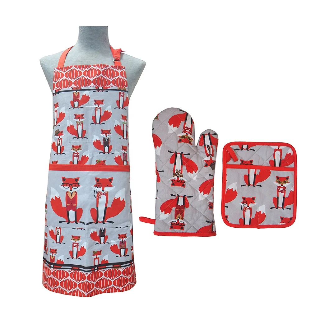Custom Print Kitchen Apron With Logo Gift Cooking Cleaning Cotton Chef Oven Mitt Pot Holder Apron Set