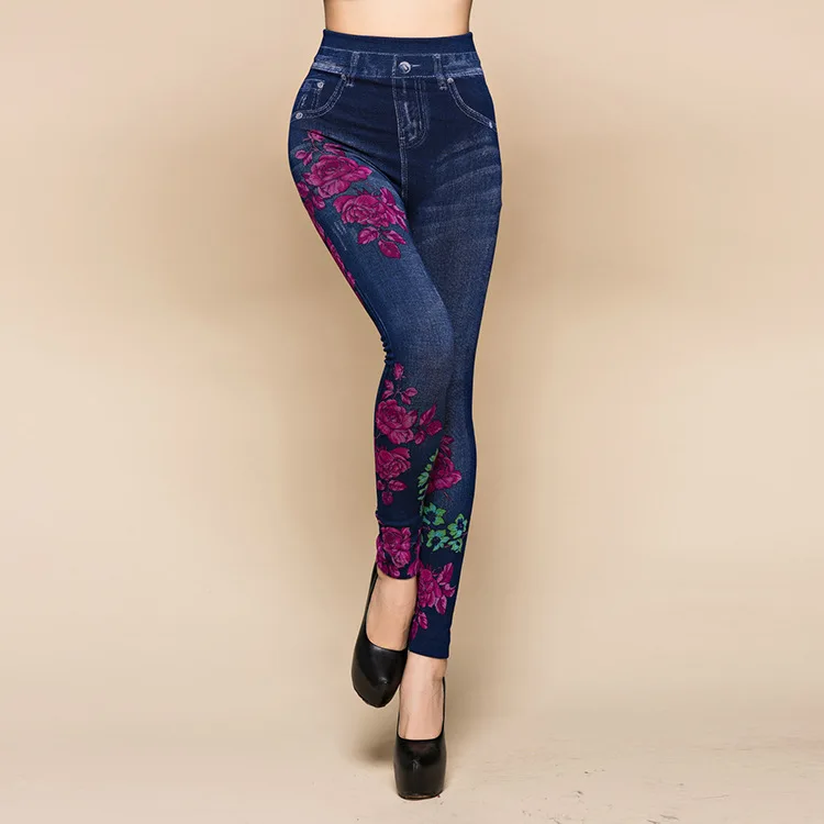 Hot-selling denim jeans women ripped scrunch fitness leggings flower printing slim jeggings