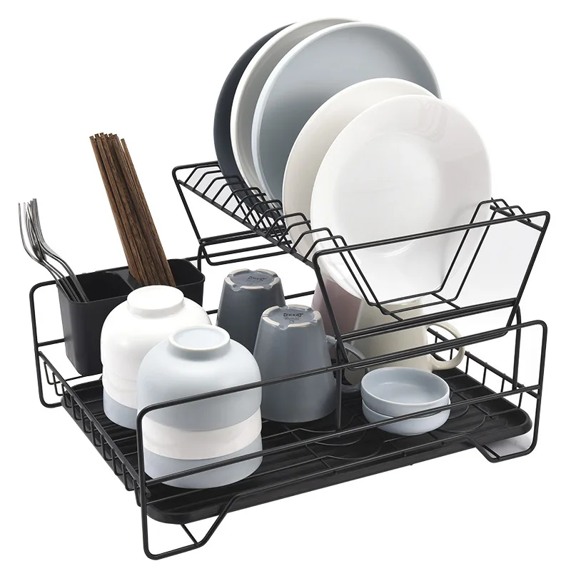 Dish Rack with Tray Compact Dish Drainer for Kitchen Counter Cabinet Black Storage Holder