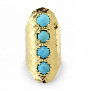 LS-A753 Gold Color Round Four Natural Turquoise Band Ring Bezel Claw Natural Blue Stone Ring luxury Jewelry hot selling