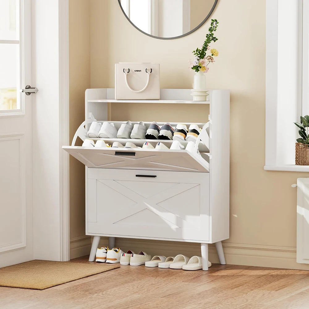 32\" Modern Farmhouse White Shoe Storage Cabinet 2 Flip Drawers Barn Door Design Adjustable Shelves Slim Narrow Shoe Rack supplier