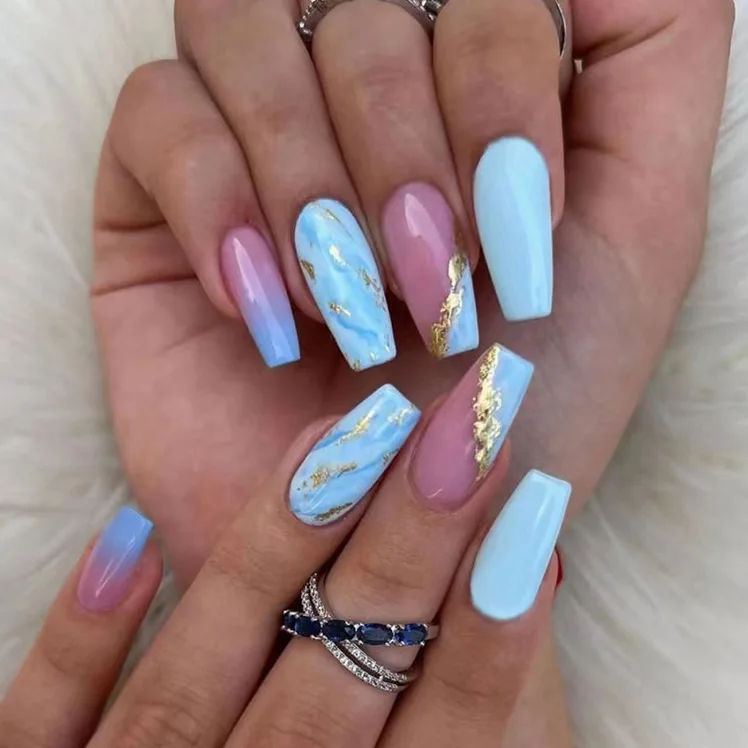 Romantic Rain Custom Press On Full Cover Acrylic Nails Ombre Shining Diamond Sequins Long French Blue Pink 24Pcs/Box Blind Box