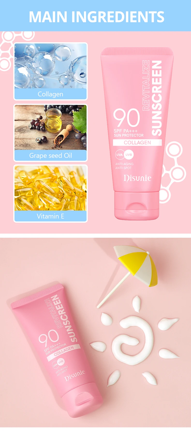 Organic Collagen Sunscreen Spf 90 Sun Protector Uv Protection Vitamin E Moisturizing Skin Aging Skin Care Sunscreen Lotion