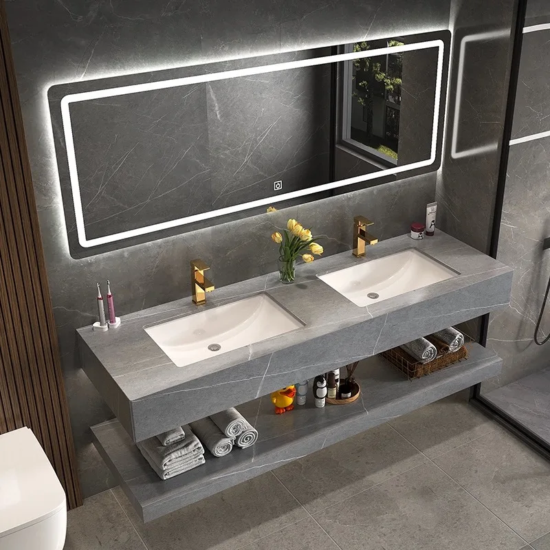 Tarpul Marble Double Washbasin Sink With Mirror Artificial Stone Cabinet Basin Wall Hung Bathroom Vanity Slab Basin manufacture