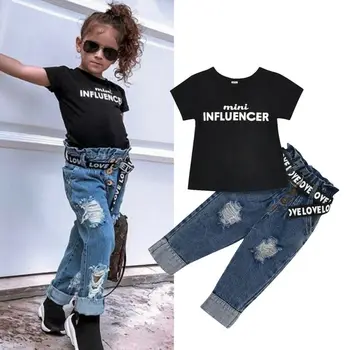 1-6Y Summer Toddler Kids Baby Girl Clothes Sets Letter Tops T-Shirt Denim Pants Jeans Outfits Clothing