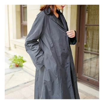 Shiny woven notch lapel outer clothing waterproof coating long trench ladies jacket coat
