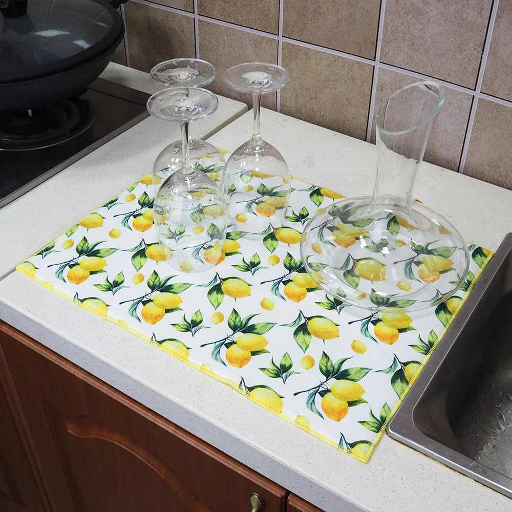 Lemon print Microfiber soft spone dish dry mats Kitchen accessories Kitchen gadgets custom logo easy clean multi-use drying mats