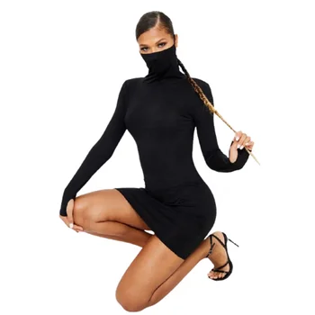 Womens Sexy Black Jersey Long Sleeve face cover Bodycon Dress