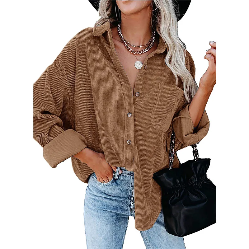 Women's Corduroy Casual Loose Pocket Long Sleeve Jacket and Coat Quick Dry for Winter with down Filling