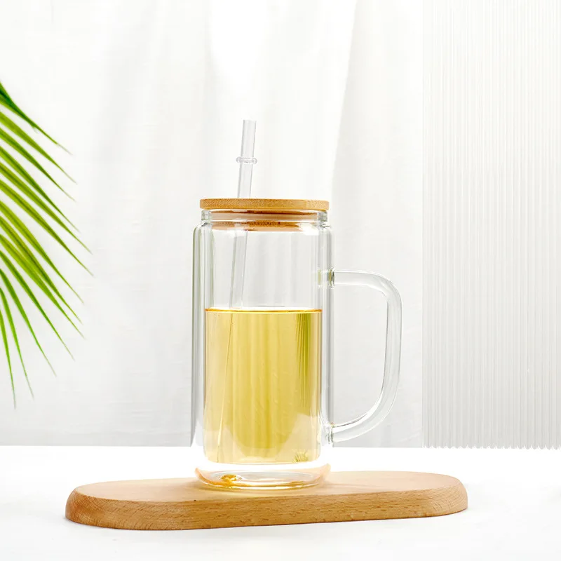 wholesale water Cup double thickened high borosilicate glass pitcher water cup bamboo lid straw handle outdoor