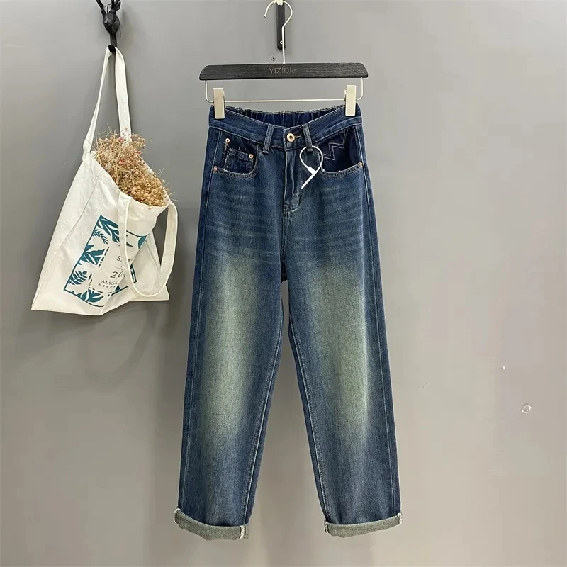 Wholesale New Fashion Women Denim Jeans Slant Waist Button Wide Leg Straight Retro Trousers Pants Street Girls Casual Jeans