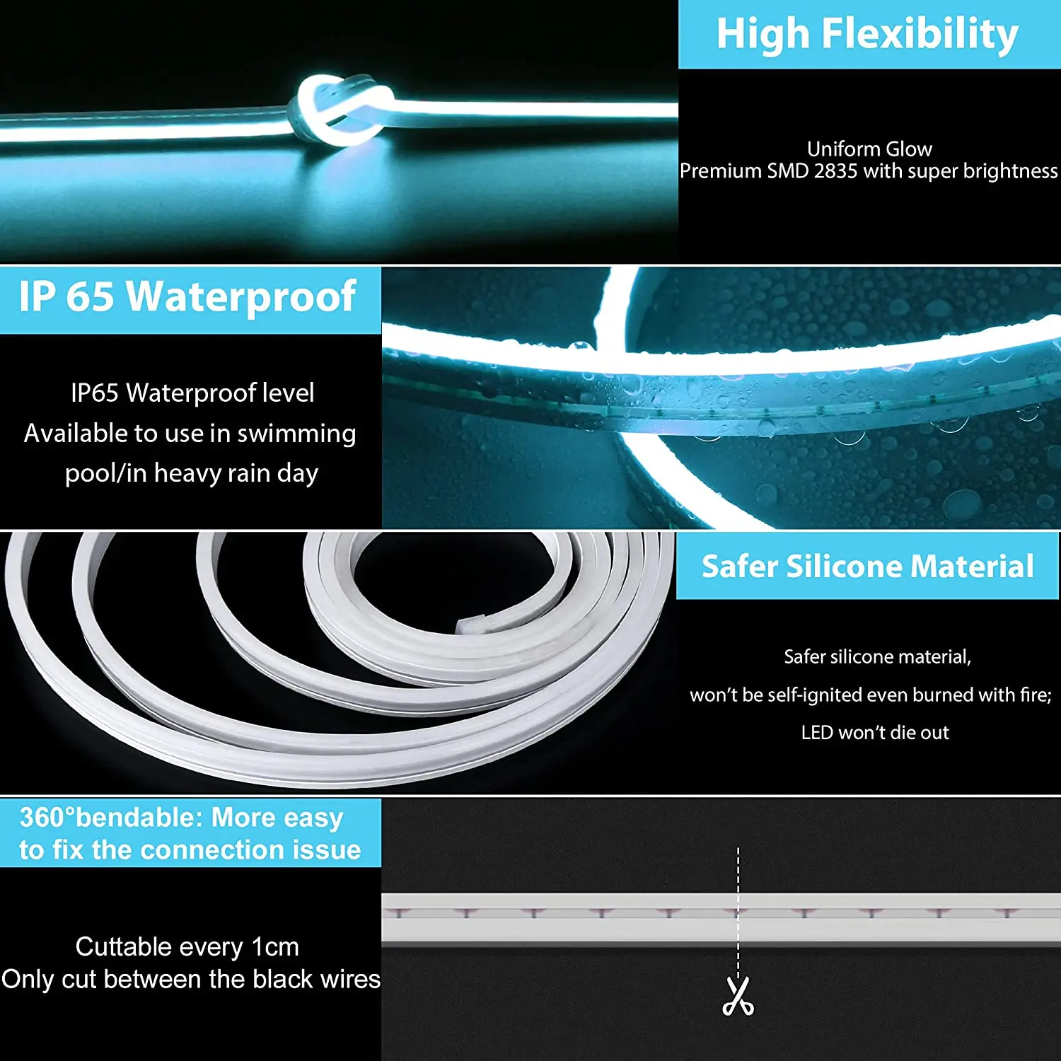 product cut every 1cm of 612 flex 12v blue 50meter roll of neon rgb led strip light ice blue color with controller-3