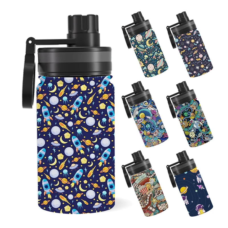 Popular Cartoon Pattern Kids Reusable Double Wall Custom Stainless Steel Drink Cups with Straws