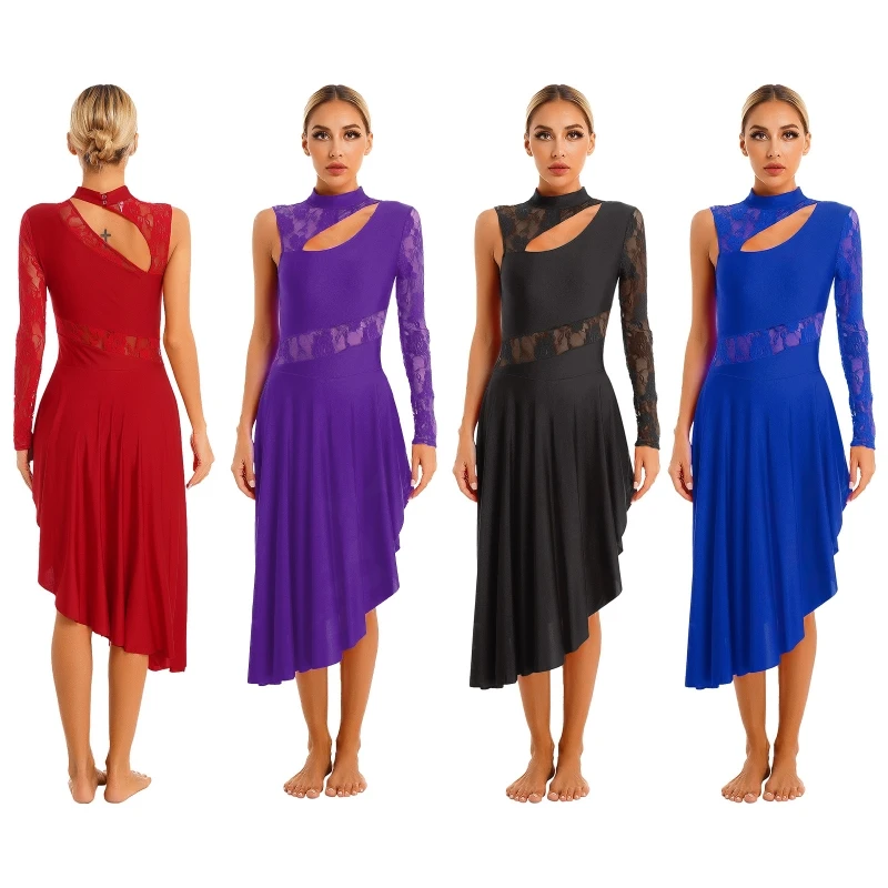 Womens Dance Costumes Sheer Lace Cutout Dance Wear One Shoulder Long